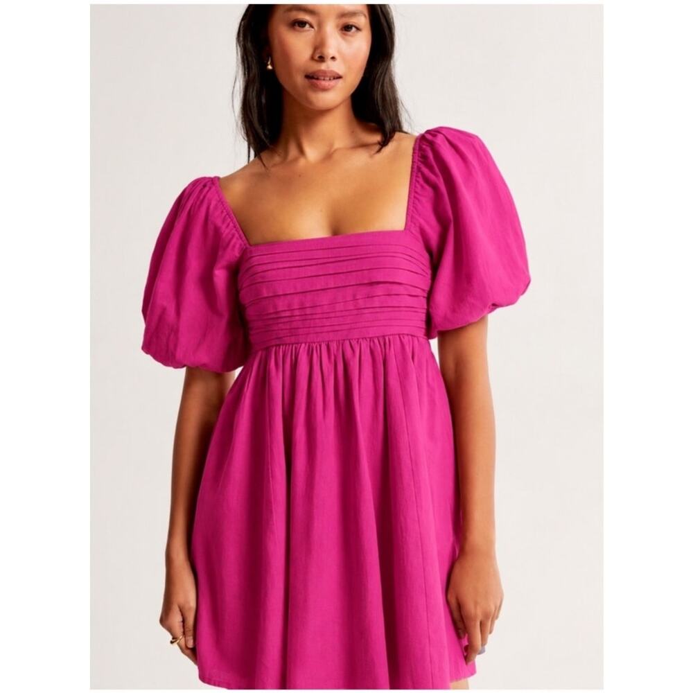 Abercrombie & Fitch Pink Pleated Bodice Mini Dress Pink Puff Sleeves XS NWT